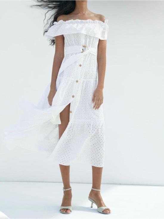 Zara Dresses & Skirts - Zara White Off-Shoulder Eyelet Maxi Dress